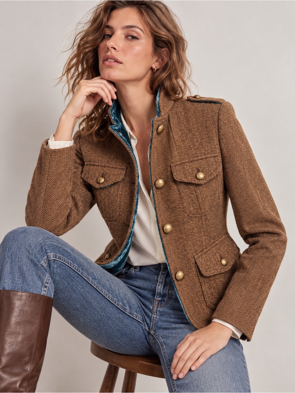 Boden Brown Herringbone Military-Style Blazer with Teal Trim